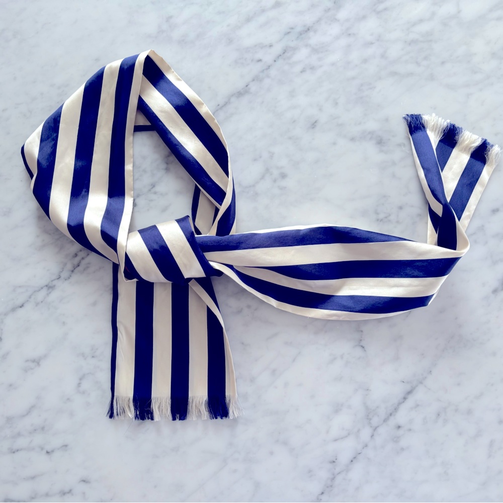 Vintage Navy + Ivory bold striped narrow scarf with fringe 5.5” x 60”